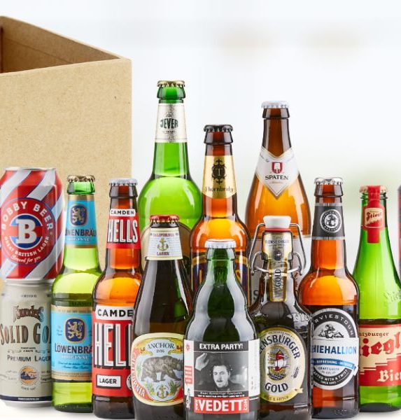 Different beer bottles and a cardboard box