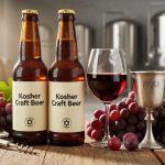 Craft beer bottles and a glass of ruby wine on a wooden table with grapes and wine accessories, styled to suggest kosher-certified artisanal production.