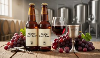 Craft beer bottles and a glass of ruby wine on a wooden table with grapes and wine accessories, styled to suggest kosher-certified artisanal production.