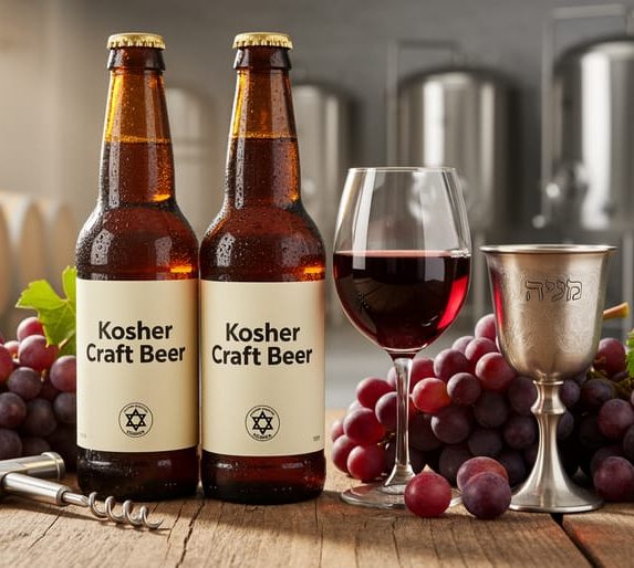 Craft beer bottles and a glass of ruby wine on a wooden table with grapes and wine accessories, styled to suggest kosher-certified artisanal production.