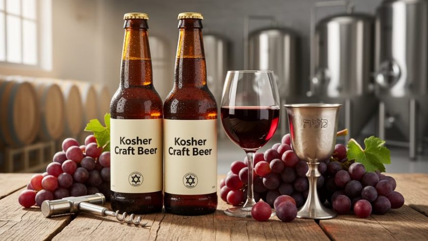 Craft beer bottles and a glass of ruby wine on a wooden table with grapes and wine accessories, styled to suggest kosher-certified artisanal production.