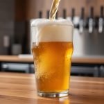 Fresh pour of non-alcoholic craft beer with thick foam in a pint glass at a Colorado brewery bar.