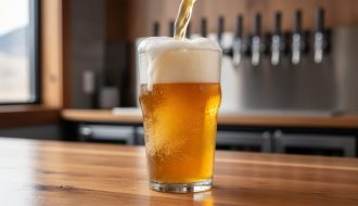 Fresh pour of non-alcoholic craft beer with thick foam in a pint glass at a Colorado brewery bar.