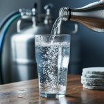 Close-up of a condensation-covered glass pouring clear sparkling water with dense micro-bubbles, with subtle brewing equipment shapes blurred in the background.