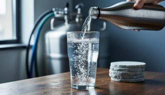 Close-up of a condensation-covered glass pouring clear sparkling water with dense micro-bubbles, with subtle brewing equipment shapes blurred in the background.