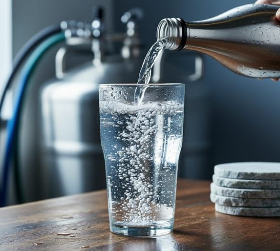 Close-up of a condensation-covered glass pouring clear sparkling water with dense micro-bubbles, with subtle brewing equipment shapes blurred in the background.