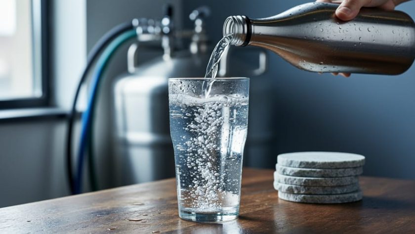 Close-up of a condensation-covered glass pouring clear sparkling water with dense micro-bubbles, with subtle brewing equipment shapes blurred in the background.