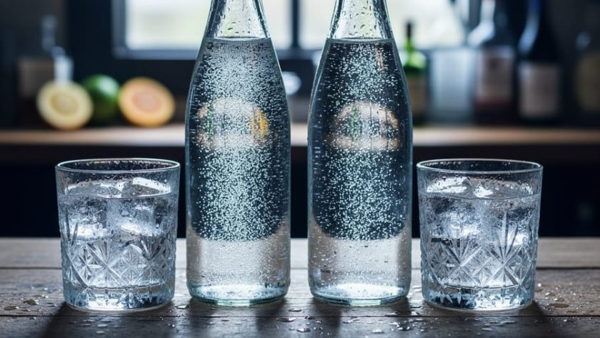 Two chilled carbonated water bottles and glasses with condensation and rising bubbles on a bar countertop under soft daylight.