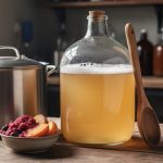 Clear glass fermentation carboy with pale beer and foam, stainless brewing kettle, and a bowl of bright fruit puree on a homebrewing workbench.