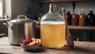 Clear glass fermentation carboy with pale beer and foam, stainless brewing kettle, and a bowl of bright fruit puree on a homebrewing workbench.