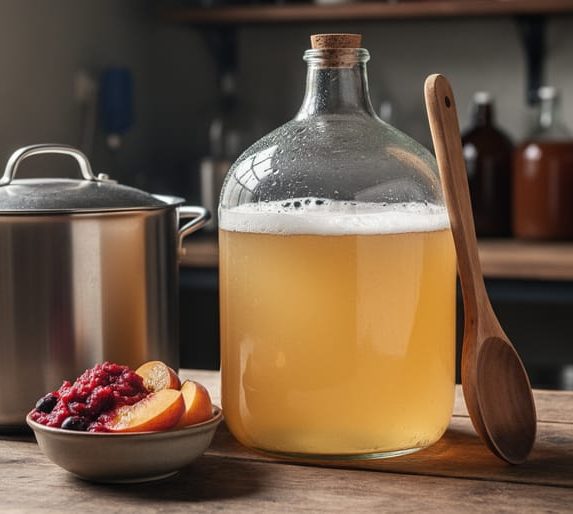 Clear glass fermentation carboy with pale beer and foam, stainless brewing kettle, and a bowl of bright fruit puree on a homebrewing workbench.