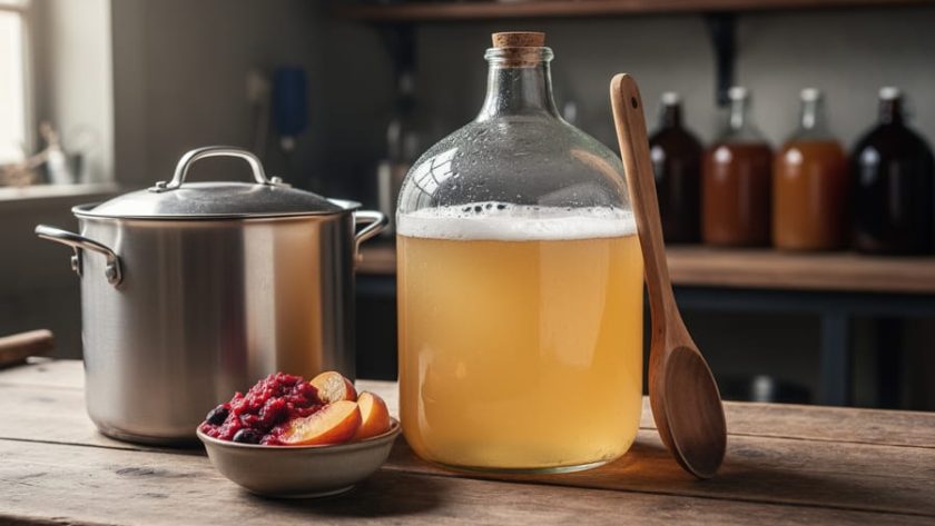 Clear glass fermentation carboy with pale beer and foam, stainless brewing kettle, and a bowl of bright fruit puree on a homebrewing workbench.