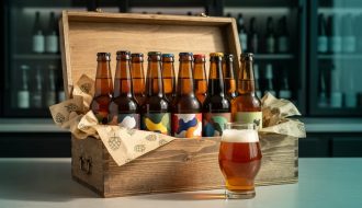An open craft beer subscription box with assorted beer bottles and a tasting glass on a kitchen counter, shot in a warm editorial style.