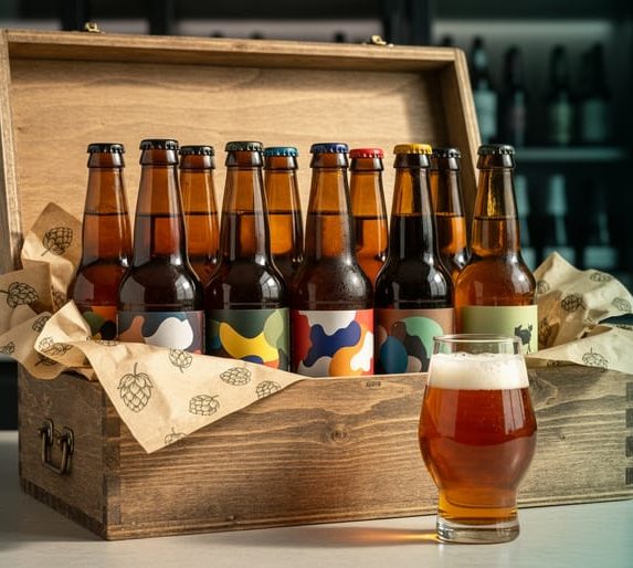 An open craft beer subscription box with assorted beer bottles and a tasting glass on a kitchen counter, shot in a warm editorial style.