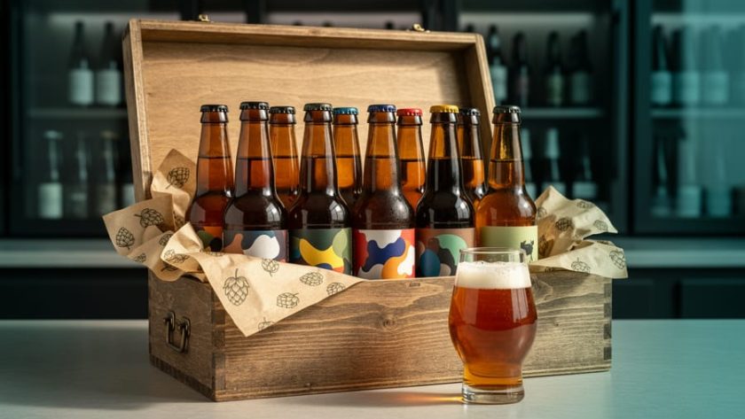 An open craft beer subscription box with assorted beer bottles and a tasting glass on a kitchen counter, shot in a warm editorial style.