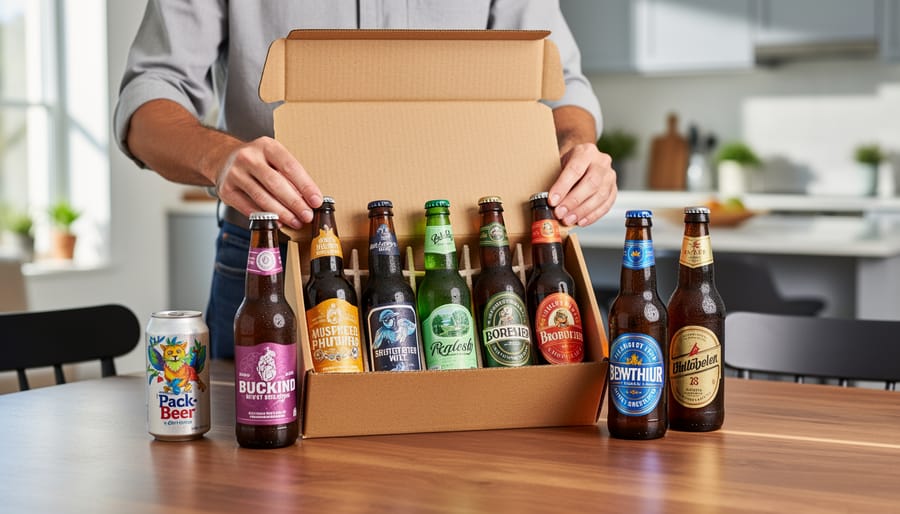 Beer subscription box on a wooden table with glass bottles and cans nearby