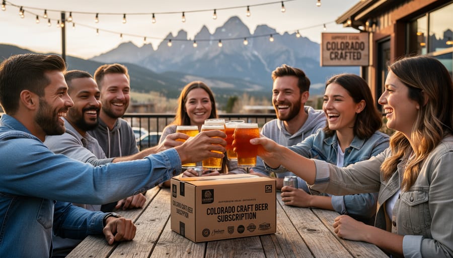 Friends gathered at home with beers from a cooler, tasting together near a window with mountain scenery in the background