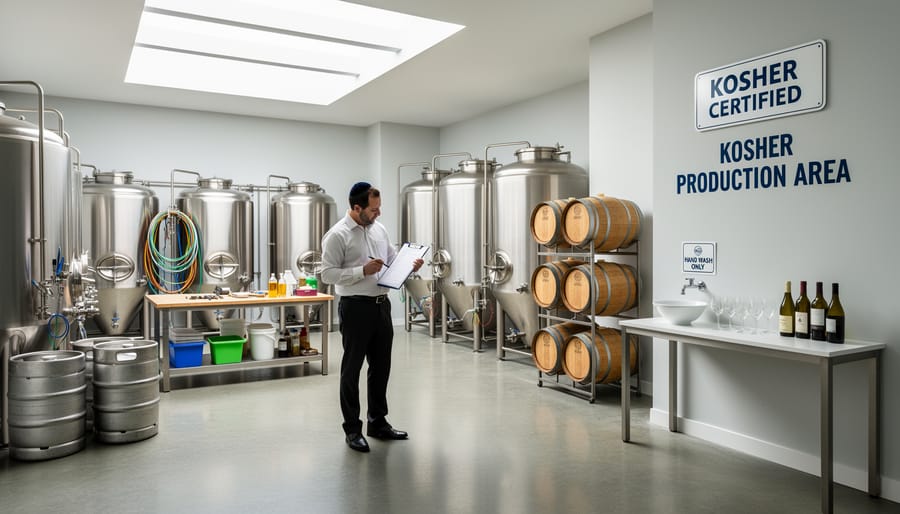 A craft tasting counter in a brewery and winery setting with a beer bottle and wine glass in the foreground.