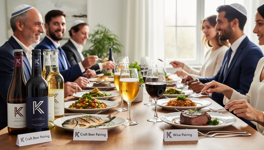 A dinner table with three glasses of craft beer and wine alongside food for pairing.