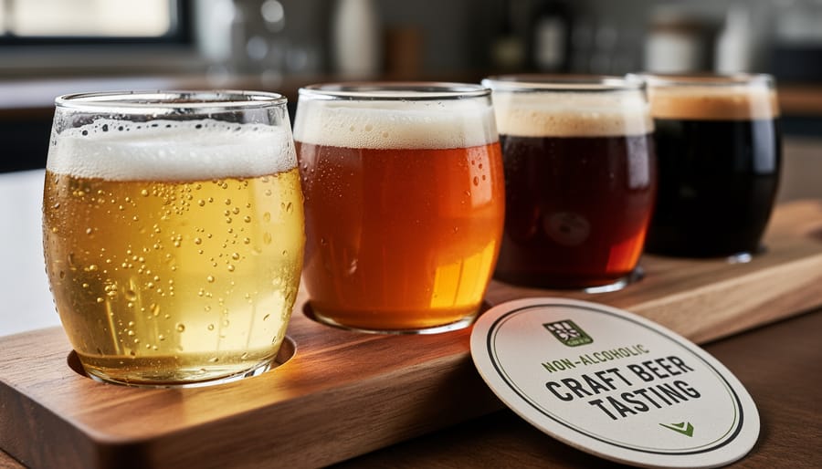 Close-up of two non-alcoholic craft beer samples with different colors and foam texture in a brewer’s hands.