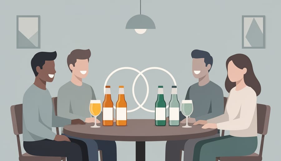 Dinner table with a non-alcoholic craft beer glass and a second drink choice for a night out.