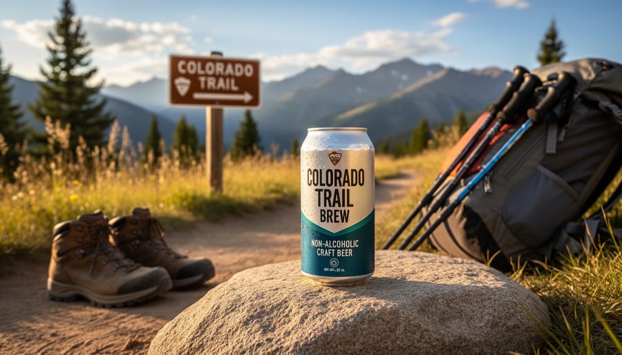 Hikers relaxing at a mountain overlook with non-alcoholic craft beer bottles in a cooler.