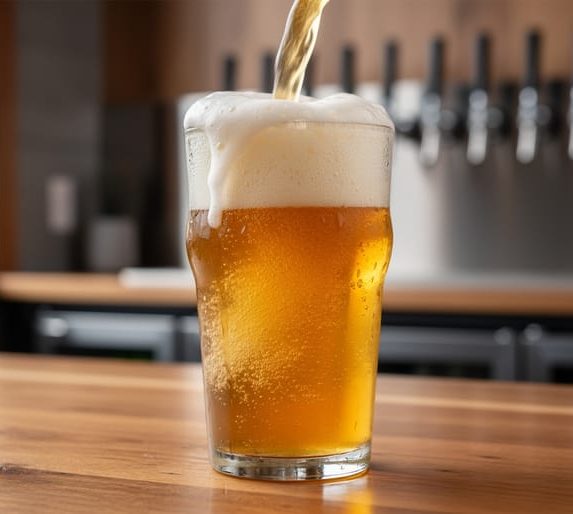 Fresh pour of non-alcoholic craft beer with thick foam in a pint glass at a Colorado brewery bar.