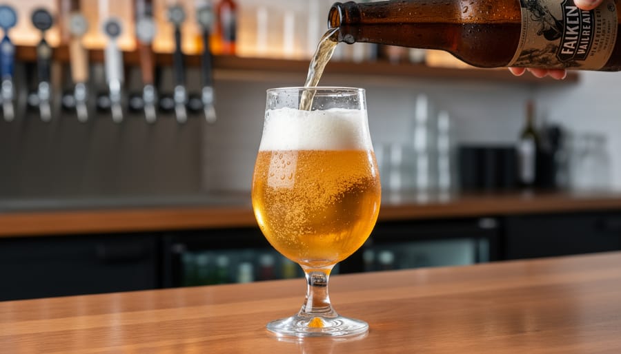Non-alcoholic craft beer being poured into a pint glass at a brewery bar in Colorado.