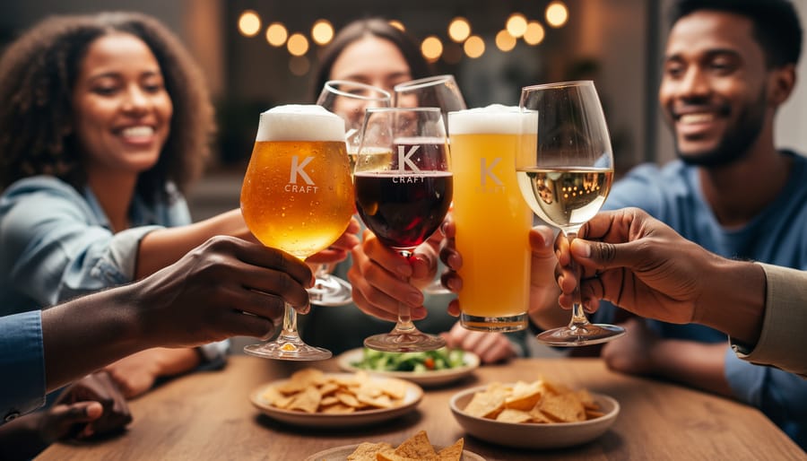 Two hands clinking a craft beer glass and a wine glass over a wooden table.