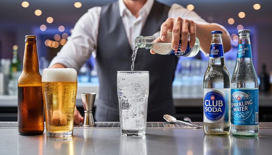 Bartender pouring carbonated water into a pint glass cocktail with lemon and mineral salts on a bar counter.