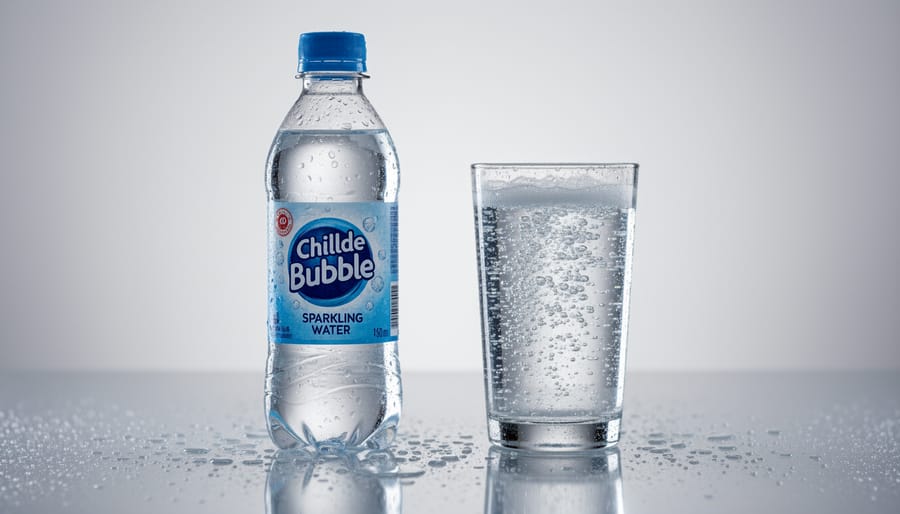 Close-up of bubble sparkling water in a glass showing rising carbonation bubbles and condensation on the bottle