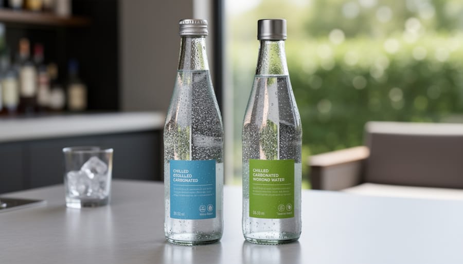 Two chilled bottles of clear carbonated water in glass with bubbles rising, shown side-by-side on a bar surface.