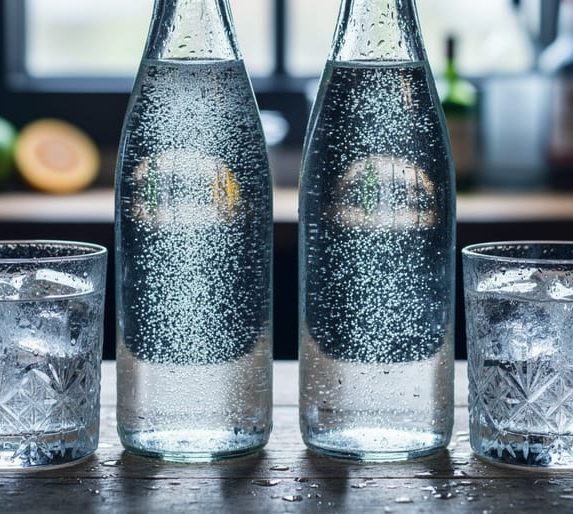 Two chilled carbonated water bottles and glasses with condensation and rising bubbles on a bar countertop under soft daylight.