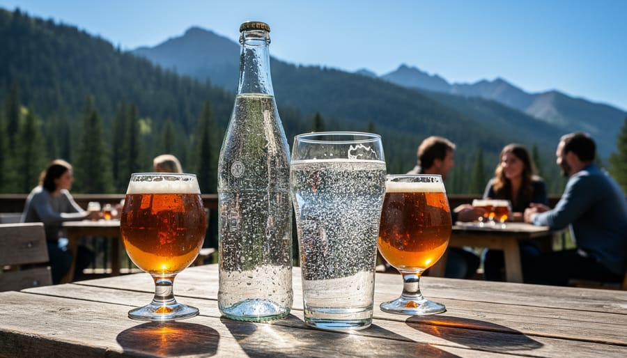 Outdoor picnic table with sparkling water bottles and cooler during golden hour with blurred mountain background