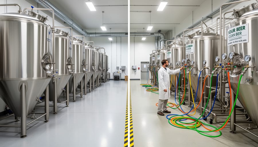 Dedicated sour beer fermentation area showing carboys with hazy fruit-colored beer and surface foam.