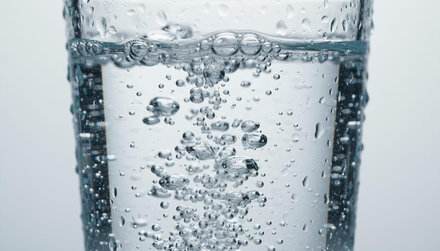 Close-up of condensation and fine bubbles rising in a glass of carbonated water on an ice bucket.