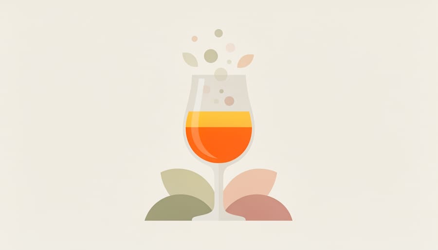 Glass of pink-tinted fruit sour beer with a thin head, photographed with blurred fruit on a table.