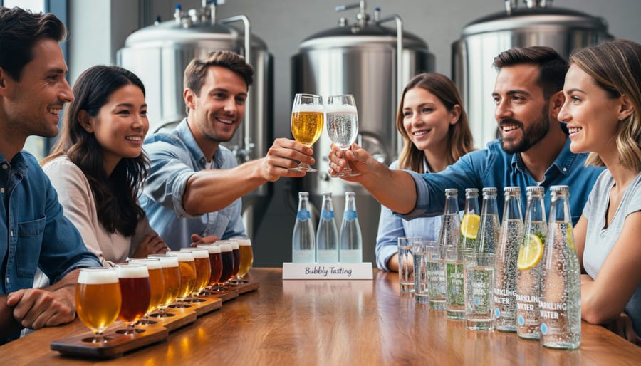 Homebrewer’s hands and tasting glasses featuring beer and a glass of sparkling water with visible condensation