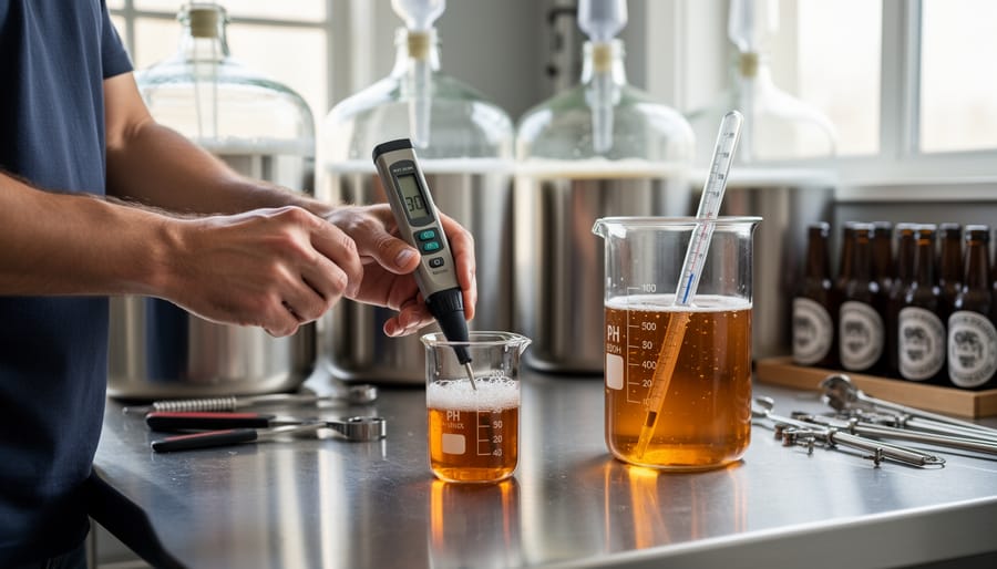 Brewing tools including a pH meter and hydrometer jar arranged on a sanitized stainless surface.