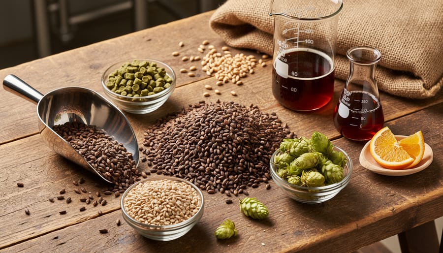 Dark malts, hops, and brewing ingredients arranged on a homebrewing workbench
