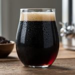 Close-up of a dark sour beer freshly poured into a glass with roasted grains and blurred homebrewing equipment in the background.