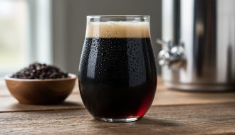 Close-up of a dark sour beer freshly poured into a glass with roasted grains and blurred homebrewing equipment in the background.
