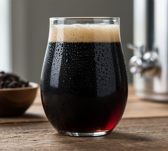 Close-up of a dark sour beer freshly poured into a glass with roasted grains and blurred homebrewing equipment in the background.