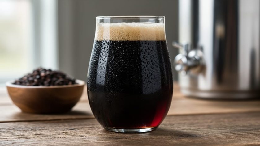 Close-up of a dark sour beer freshly poured into a glass with roasted grains and blurred homebrewing equipment in the background.