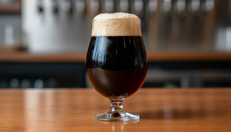 Dark sour beer in a clear tulip glass with a creamy tan head and ruby-brown color