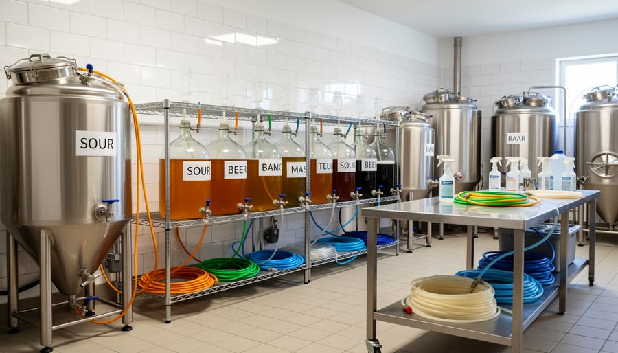 Fermentation vessels and airlock in a clean dedicated brewing area for sour beer