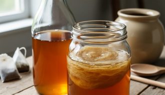 Close-up of kombucha in a glass jar showing a SCOBY floating in amber sweet tea with homebrewing tools blurred in the background.
