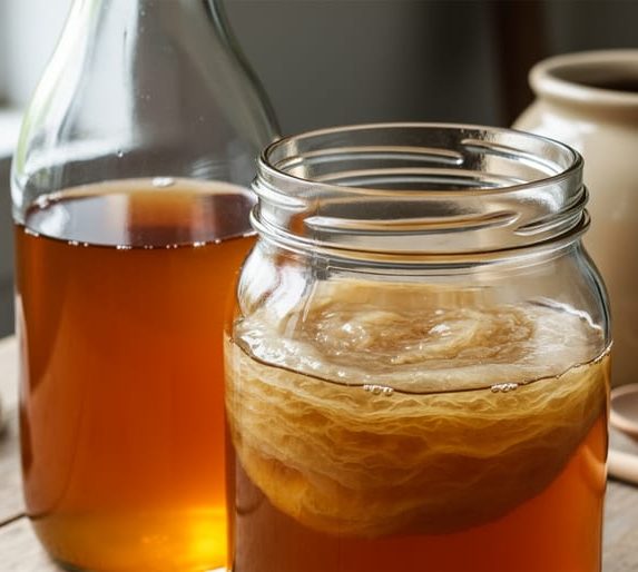 Close-up of kombucha in a glass jar showing a SCOBY floating in amber sweet tea with homebrewing tools blurred in the background.