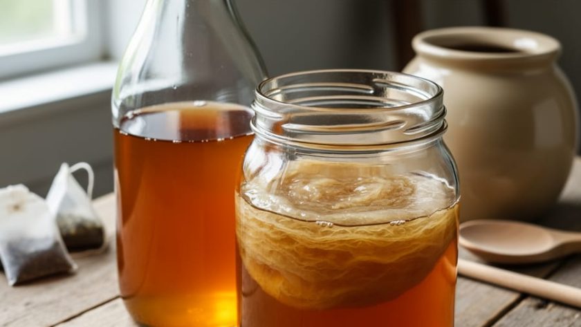 Close-up of kombucha in a glass jar showing a SCOBY floating in amber sweet tea with homebrewing tools blurred in the background.
