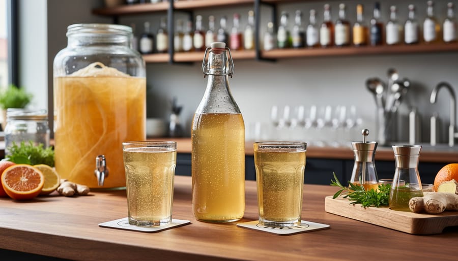 Ceramic mug and bottles of kombucha on a wooden table with a teapot and blurred fermentation jars in the background